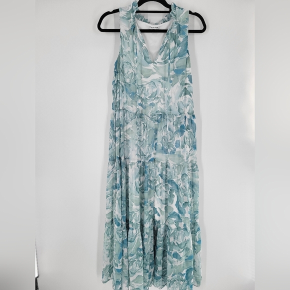 Calvin Klein Women's Ruffle Split Neck with Tie Tiered Maxi Dress Multi Size 8 - Picture 1 of 5